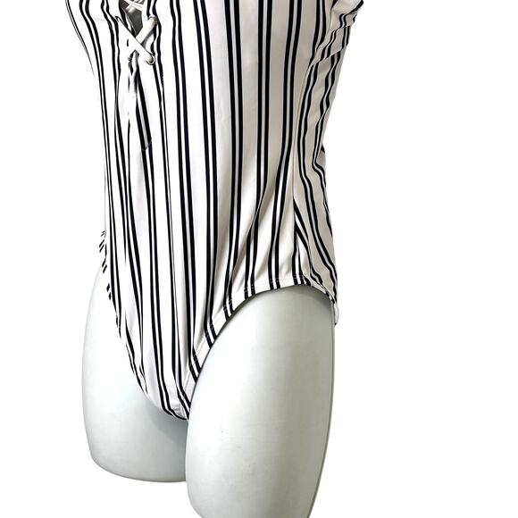 Nautica Blue White Striped Lace Front One-Piece Swimsuit - Picture 3 of 7